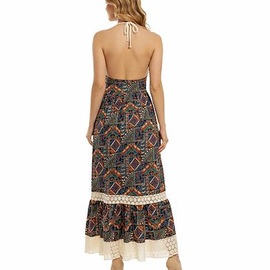Artyska Women’s Halter Neck Printed Maxi Dress with Lace Bodice & Tiered Hem