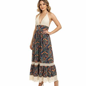 Artyska Women’s Halter Neck Printed Maxi Dress with Lace Bodice & Tiered Hem