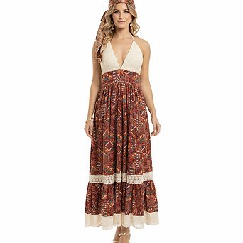 Artyska Women’s Halter Neck Printed Maxi Dress with Lace Bodice & Tiered Hem
