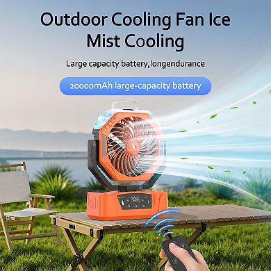 Outdoor Misting Fan, 2000mAh Rechargeable with LED Light - Remote Control - Portable - Powerful
