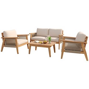 Acacia Wood Rope Outdoor Sectional Sofa Set Weather Resistant Furniture for Patio