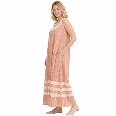 Artyska Women’s Boho Printed Sleeveless Maxi Dress with Lace Yoke & Pockets