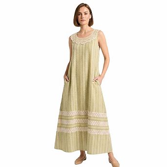 Artyska Women’s Boho Printed Sleeveless Maxi Dress with Lace Yoke & Pockets