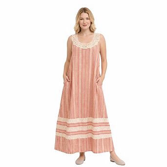 Artyska Women’s Boho Printed Sleeveless Maxi Dress with Lace Yoke & Pockets