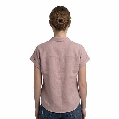 Artyska Women’s Cropped Linen Button-Front Shirt with Collar & Short Sleeves