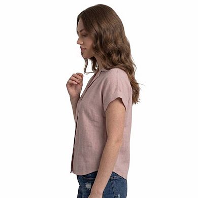 Artyska Women’s Cropped Linen Button-Front Shirt with Collar & Short Sleeves