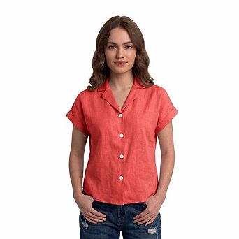 Artyska Women’s Cropped Linen Button-Front Shirt with Collar & Short Sleeves