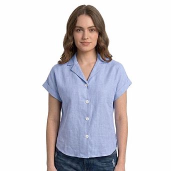 Artyska Women’s Cropped Linen Button-Front Shirt with Collar & Short Sleeves