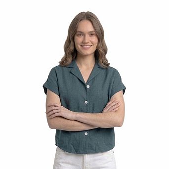 Artyska Women’s Cropped Linen Button-Front Shirt with Collar & Short Sleeves