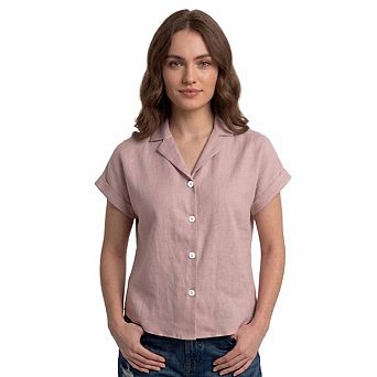 Artyska Women’s Cropped Linen Button-Front Shirt with Collar & Short Sleeves