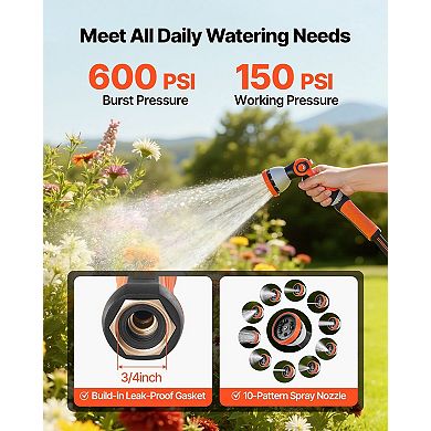 200ft Durable Rubber Garden Hose with 10-Function Nozzle for High-Pressure Watering