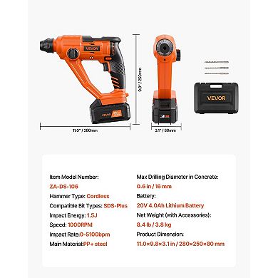 20V Cordless Rotary Hammer Drill Kit with SDS-Plus, 0.6 Inch Capacity, 1000 RPM