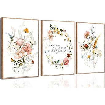 Wildflower Botanical Canvas Wall Art Pink Watercolor Floral Wreath Print Decor