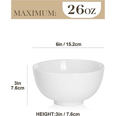 White Ceramic Soup & Cereal Bowls, Set of 6, Dishwasher & Microwave Safe