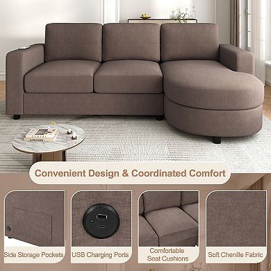 Trikiousd 84.6" L-Shaped Sectional Sofa with Curved Chaise and USB Ports