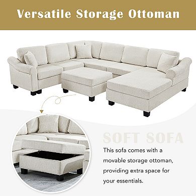 Trikiousd 111.8" U-Shaped Sectional Sofa with Storage Ottoman Chenille