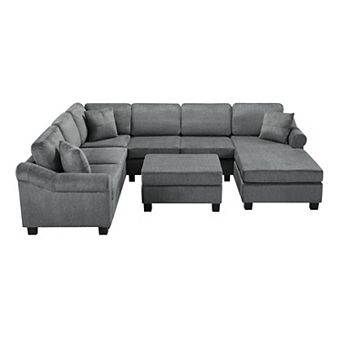 Trikiousd 111.8" U-Shaped Sectional Sofa with Storage Ottoman Chenille