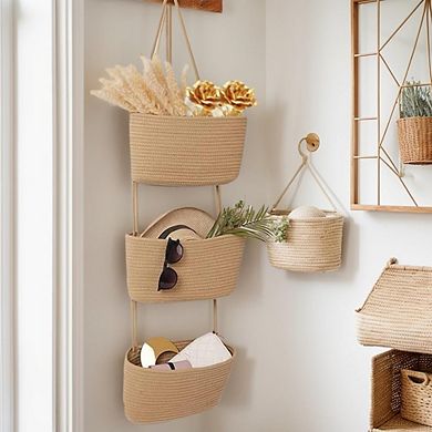 Over The Door Hanging Organizer with 3 Tiers Woven Baskets Storage Rack