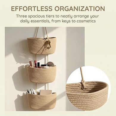 Over The Door Hanging Organizer with 3 Tiers Woven Baskets Storage Rack