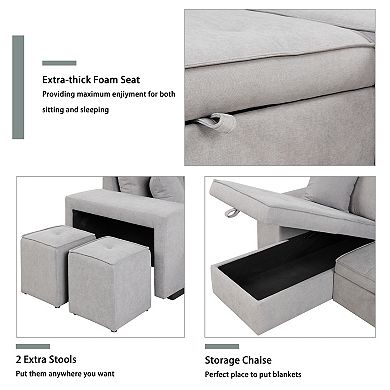 Trikiousd 104.5" Sleeper Sectional Sofa with Storage Chaise and 2 Stools