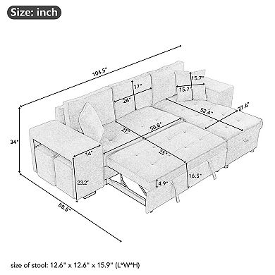 Trikiousd 104.5" Sleeper Sectional Sofa with Storage Chaise and 2 Stools