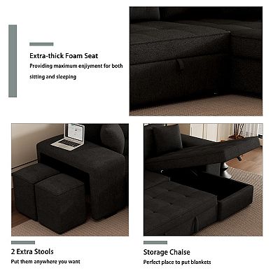 Trikiousd 104.5" Sleeper Sectional Sofa with Storage Chaise and 2 Stools