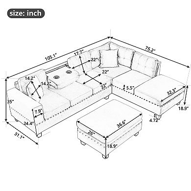 Trikiousd 105" L-Shaped Sectional Sofa with Storage Ottoman and Cup Holders
