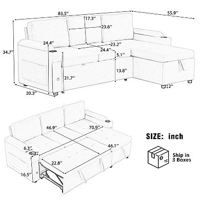Trikiousd 83.5" L-Shaped Sleeper Sofa with Storage USB Ports and Cup Holders