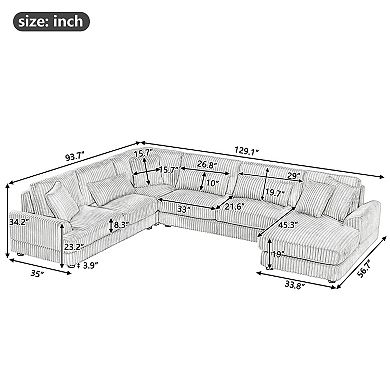 Trikiousd 129" U-Shaped Sectional Sofa with Chaise Corduroy Upholstery