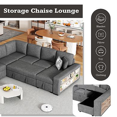 Trikiousd 109" U-Shaped Sleeper Sectional Sofa with Storage and USB Ports