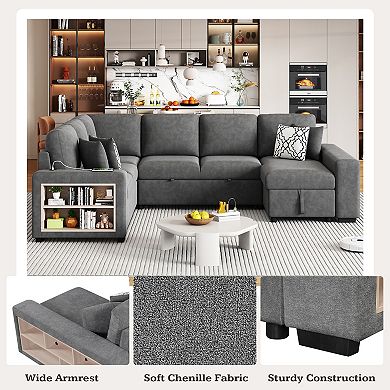 Trikiousd 109" U-Shaped Sleeper Sectional Sofa with Storage and USB Ports