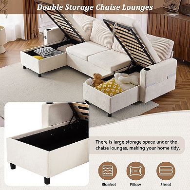 Trikiousd 113.4" Sectional Sofa Bed with Storage Chaise, USB Ports and Cup Holders