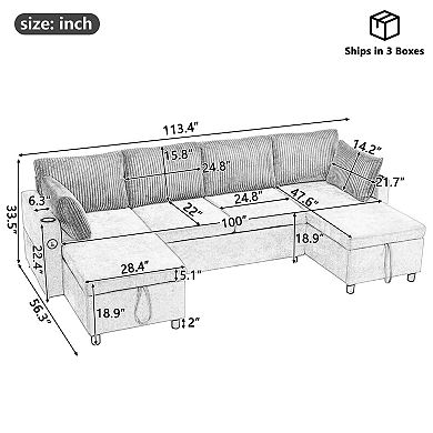 Trikiousd 113.4" Sectional Sofa Bed with Storage Chaise, USB Ports and Cup Holders