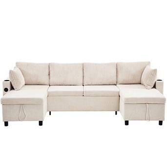 Trikiousd 113.4" Sectional Sofa Bed with Storage Chaise, USB Ports and Cup Holders