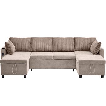 Trikiousd 113.4" Sectional Sofa Bed with Storage Chaise, USB Ports and Cup Holders