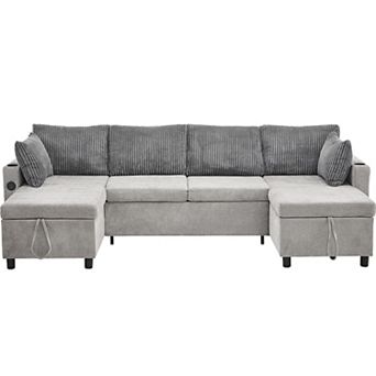 Trikiousd 113.4" Sectional Sofa Bed with Storage Chaise, USB Ports and Cup Holders