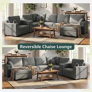 Trikiousd 134" U-Shaped Modular Sectional Sofa with Storage Drawer and Cup Holders
