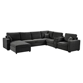 Trikiousd 134" U-Shaped Modular Sectional Sofa with Storage Drawer and Cup Holders