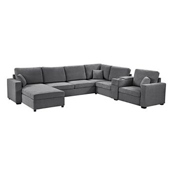 Trikiousd 134" U-Shaped Modular Sectional Sofa with Storage Drawer and Cup Holders