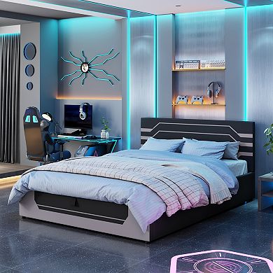 Trikiousd Gaming Bed Frame with Hydraulic Storage and Upholstered Headboard