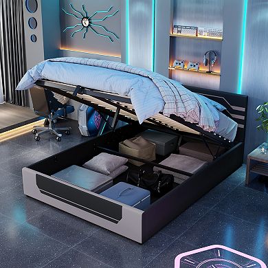 Trikiousd Gaming Bed Frame with Hydraulic Storage and Upholstered Headboard