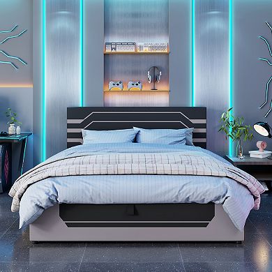Trikiousd Gaming Bed Frame with Hydraulic Storage and Upholstered Headboard