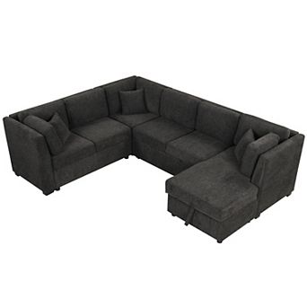 Trikiousd 108.6" U-Shaped Sectional Sofa Bed with Storage Chaise and USB Ports