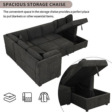 Trikiousd 108.6" U-Shaped Sectional Sofa Bed with Storage Chaise and USB Ports