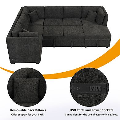 Trikiousd 108.6" U-Shaped Sectional Sofa Bed with Storage Chaise and USB Ports