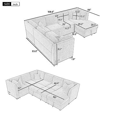 Trikiousd 108.6" U-Shaped Sectional Sofa Bed with Storage Chaise and USB Ports