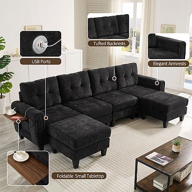 Trikiousd 115" Modular Sectional Sofa with Ottomans USB Ports and Side Tables