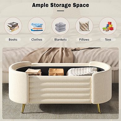 Trikiousd Modern Oval Storage Ottoman Bench Chenille Upholstered with Metal Legs