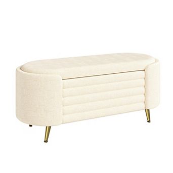 Trikiousd Modern Oval Storage Ottoman Bench Chenille Upholstered with Metal Legs