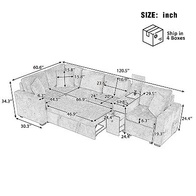 Trikiousd 120.5" Modular Sectional Sofa Bed with Storage and Cup Holders